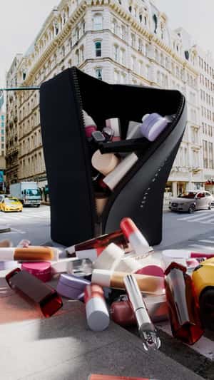 Giant Makeup Bag in fake-out-of-home ad of Fenty Beauty