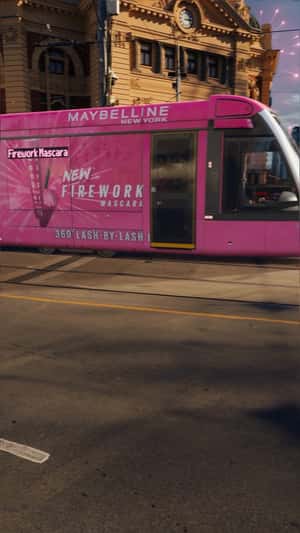 Pink Mascara-Themed Tram in a fake-out-of-home ad of Maybelline New York