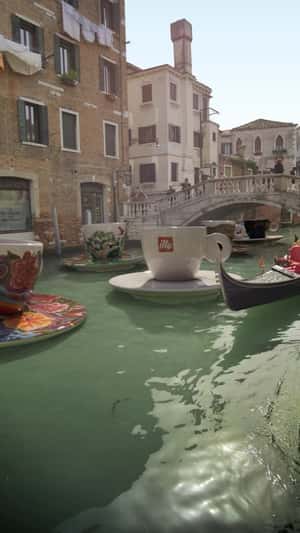 Floating Cups and Saucers in fake-out-of-home ad of Illy