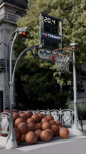 Basketballs Roll Up Subway Stairs in a fake-out-of-home ad of Tissot