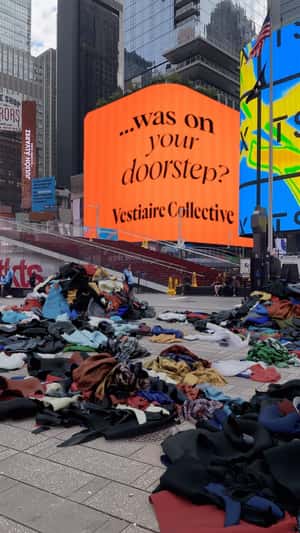 Clothes Rain Down Times Square in a fake-out-of-home ad of Vestiaire Collective