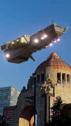Spaceship Hovers Over City in a fake-out-of-home ad of Netflix