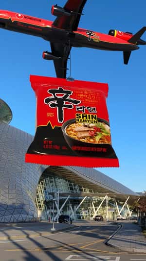 Noodles Airlifted to New York in a fake-out-of-home ad of Shin Ramyun