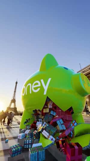 Giant Piggy Bank Breaks Gifts Overflow in a fake-out-of-home ad of ONEY