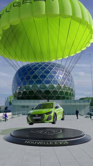 Green Car Descends by Parachute in a fake-out-of-home ad of Peugeot