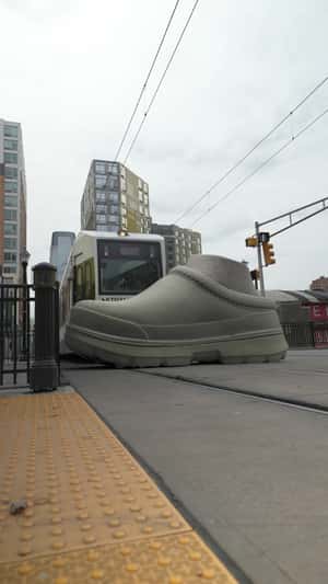 Slipper Tram Collision in fake-out-of-home ad of UGG
