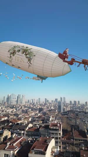 Airship Pulled by Santa Sleigh Over City in a fake-out-of-home ad of Reis