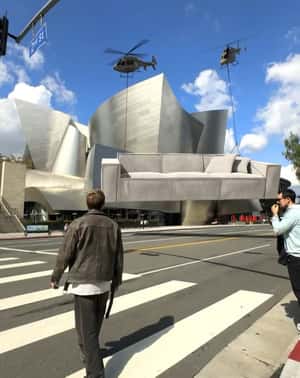 Sofa Airlift Over Walt Disney Concert Hall in a fake-out-of-home ad of Rove Lab
