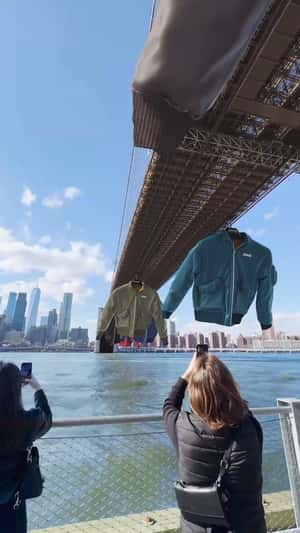 Bomber Jackets Glide Brooklyn Bridge in a fake-out-of-home ad of Schott NYC
