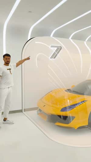 Ferraris in Futuristic Showroom in a fake-out-of-home ad of Seven Luxury
