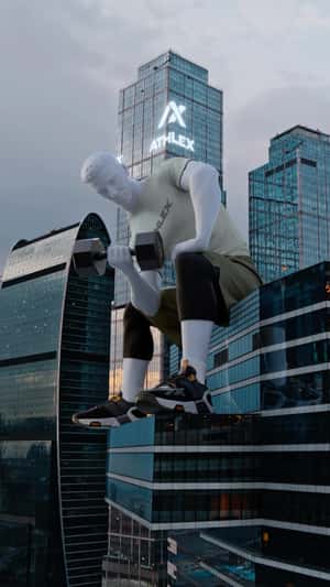 Giant Man Lifting Dumbbells on Building in a fake-out-of-home ad of Sportmaster