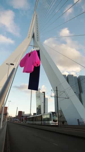 Massive Clothes on Erasmus Bridge in a fake-out-of-home ad of Studio Anneloes