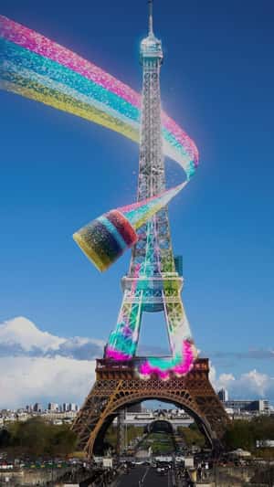 Rainbow at Eiffel Tower in a fake-out-of-home ad of UPSA