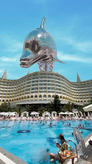 Giant Chrome Dolphin on Resort Facade in a fake-out-of-home ad of Delphin Hotels