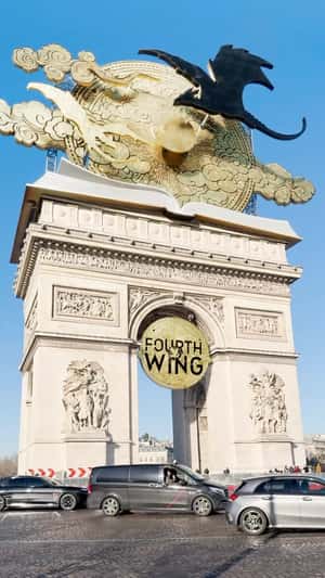 Fourth Wing Dragons Arc de Triomphe in a fake-out-of-home ad of Hugo Publishing 