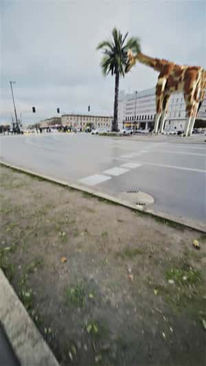 Giant Giraffes on Warsaw Roundabout in a fake-out-of-home ad of LEGO