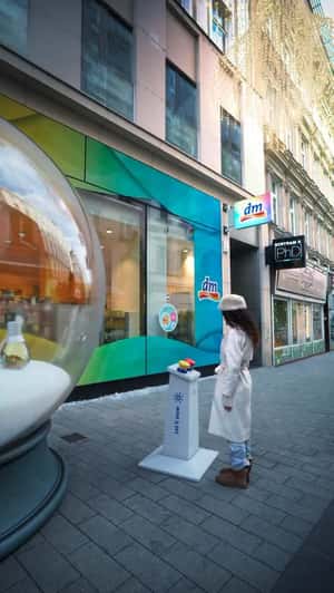 Giant Snow Globe Perfume Installation in a fake-out-of-home ad of DM