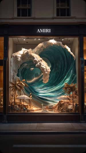 Waves Crashing in Window Display in a fake-out-of-home ad of AMIRI