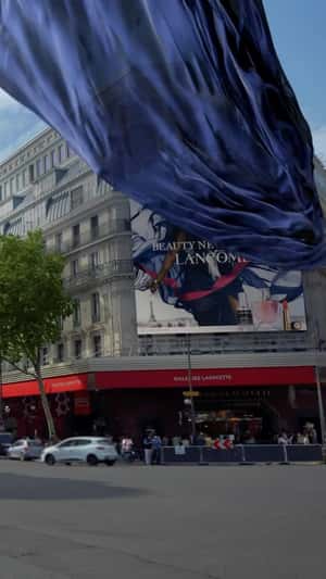 Large Purple Cloth Unveiling Billboard fake out of home ad of Lancôme