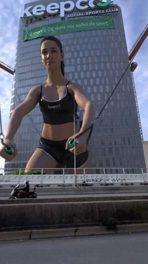 Woman Works Out in Front of Building in a fake-out-of-home ad of Keepcool