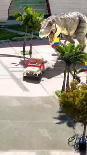 T-Rex Chasing a Jungle Jeep in a fake-out-of-home ad of Titán Plaza Centro Comercial