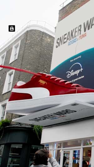 Giant Adidas and Puma Shoes Tug in London in a fake-out-of-home ad of Disney+
