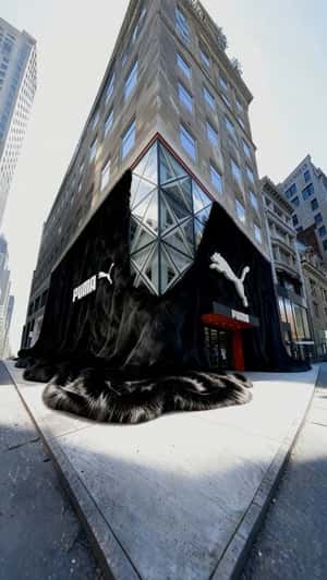 Flagship Store Wrapped in Black Faux Fur in a fake-out-of-home ad of PUMA