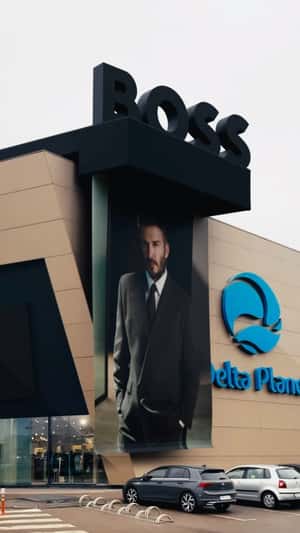 Huge BOSS Poster at Delta Planet in a fake-out-of-home ad of Fashion & Friends