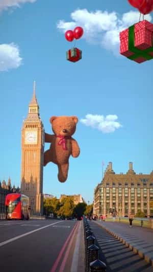 Giant Teddy and Santa Hat at Big Ben in a fake-out-of-home ad of Hamleys