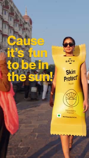 Woman in Yellow Sachet Packaging in a fake-out-of-home ad of Setu Nutrition