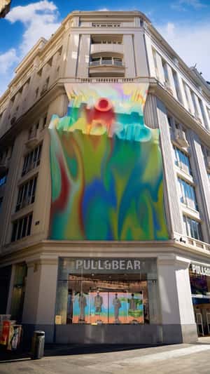 Dyed Curtain Rolls at Madrid Store in fake-out-of-home ad of Pull&Bear