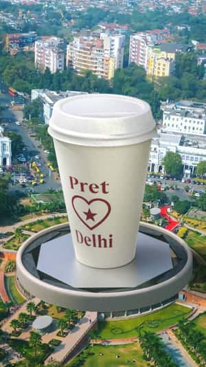 Massive Cup at Connaught Place in a fake-out-of-home ad of Pret A Manger