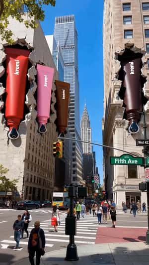 Giant Tubes Emerge From Fifth Avenue Buildings in a fake-out-of-home ad of Kremi