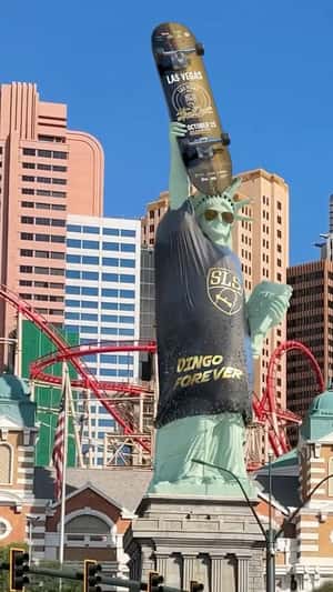 Statue of Liberty Replica Skateboarding Outfit in a fake-out-of-home ad of SLS