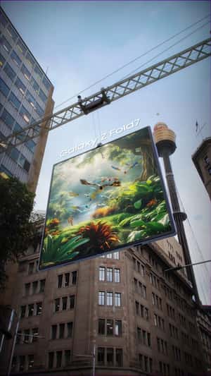 Giant Phone Installation in George Street in a fake-out-of-home ad of Samsung