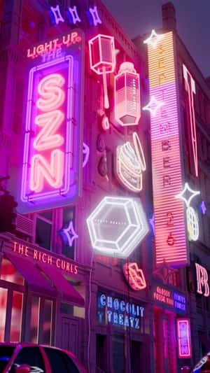 LED Neon Signs Light Up Storefront in a fake-out-of-home ad of Fenty Beauty