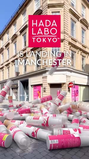 Giant Lotion Rain in Manchester in a fake-out-of-home ad of Hada Labo Tokyo 