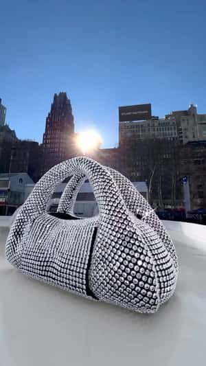 Tote Bags Skating in Ice Rink in fake-out-of-home ad of Stuart Weitzman
