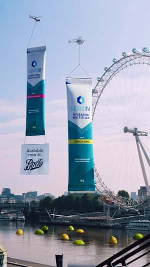 Helicopters Carry Giant Liquid I.V. Sachets in a fake-out-of-home ad of Boots