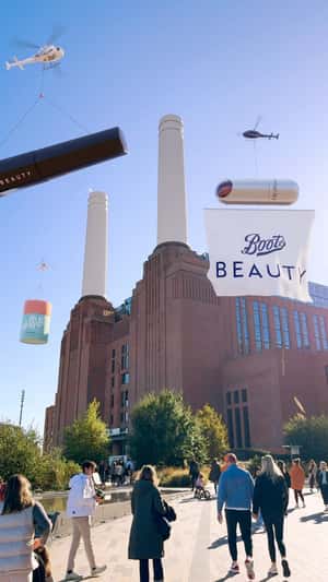 Helicopters Carry Giant Cosmetics in a fake-out-of-home ad of Boots