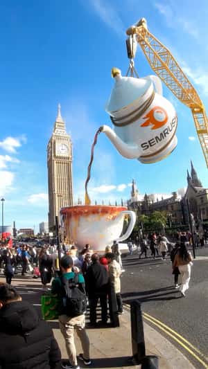 Giant Teacup and Teapot in London in fake-out-of-home ad of Semrush