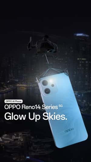 Giant Phone Flashes Over Cityscape in a fake-out-of-home ad of Oppo