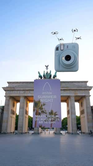 Giant Camera at Brandenburg Gate in a fake-out-of-home ad of Instax