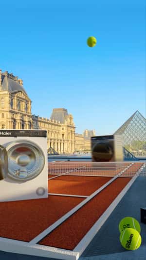 Washing Machines Play Tennis at Louvre in a fake-out-of-home ad of Haier