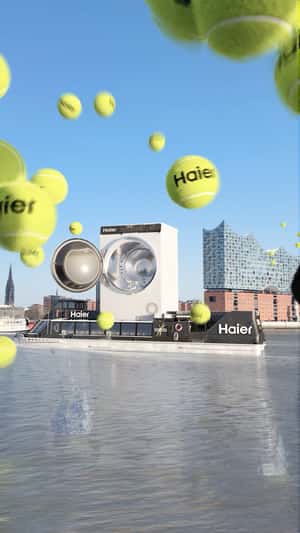 Giant Washing Machine on Elbe River in a fake-out-of-home ad of Haier