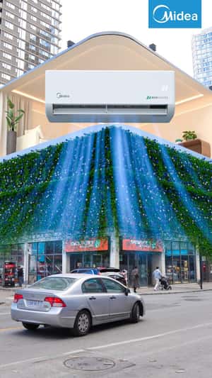 AC Transforms Building Facade with Cool Wind in a fake-out-of-home ad of Midea