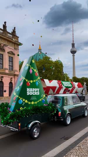 Christmas Cartons Roll Through Berlin in a fake-out-of-home ad of Happy Socks