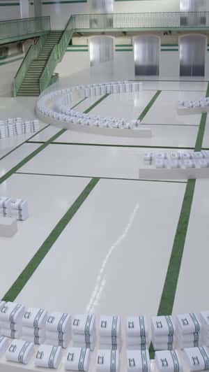 Locker Room Runway Set Design in a fake-out-of-home ad of Lacoste