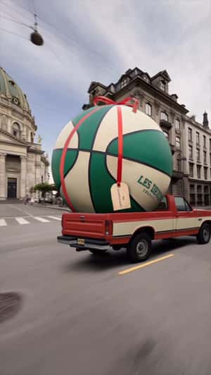 Pickup Truck Transports Giant Basketball in a fake-out-of-home ad of Les Deux