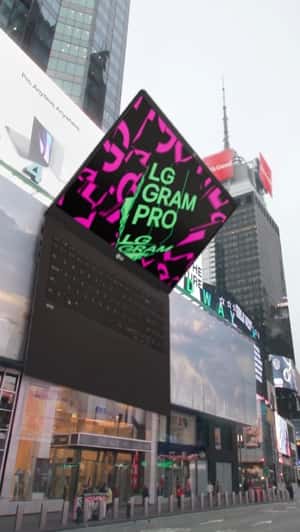 Giant Gram Pro Laptop Hanging in Time Square fake out of home ad of LG